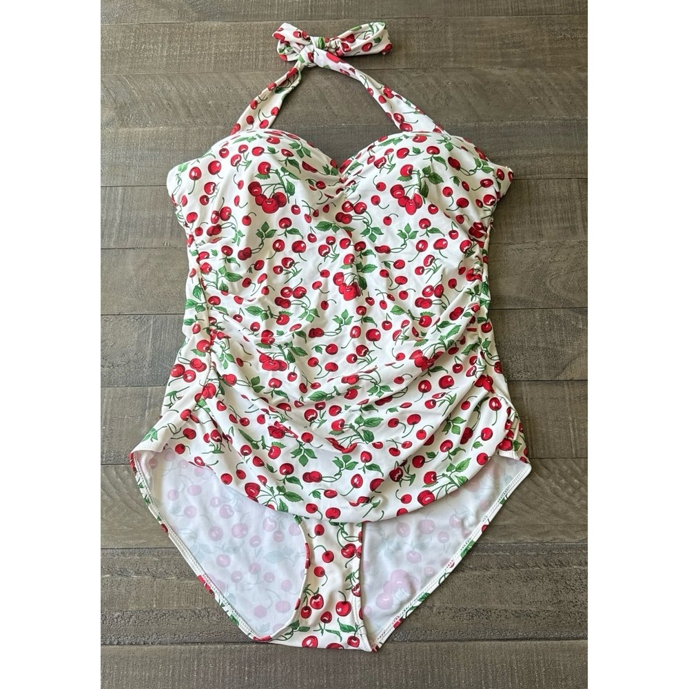 White vibrant red cherry bomb print ruched sides One Piece Swimsuit Size 4XL